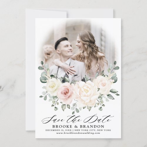 Champagne Ivory Blush Pink Floral Greenery Photo Save The Date