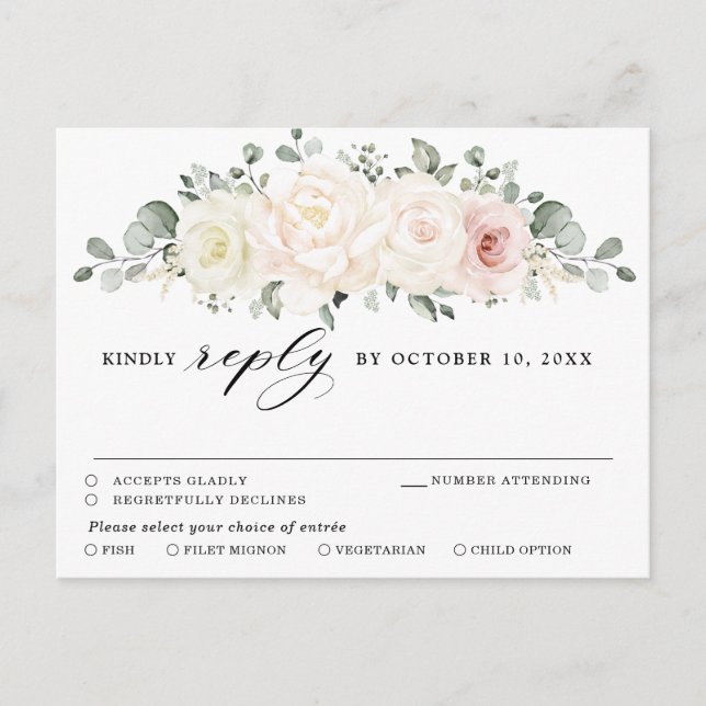 Champagne Ivory Blush Pink Floral Greenery RSVP Postcard (Front)