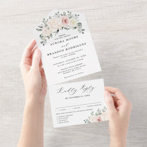 Champagne Ivory Blush Pink Floral Greenery Wedding All In One Invitation