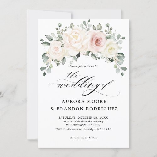 Champagne Ivory Blush Pink Floral Greenery Wedding Invitation