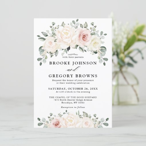 Champagne Ivory Blush Pink Floral Greenery Wedding Invitation | Zazzle