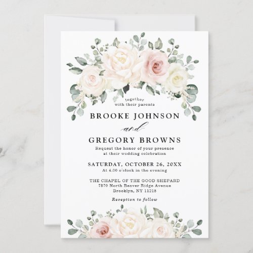 Champagne Ivory Blush Pink Floral Greenery Wedding Invitation