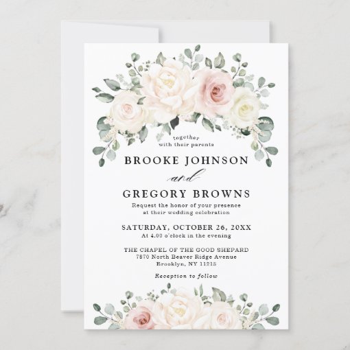 Champagne Ivory Blush Pink Floral Greenery Wedding Invitation | Zazzle