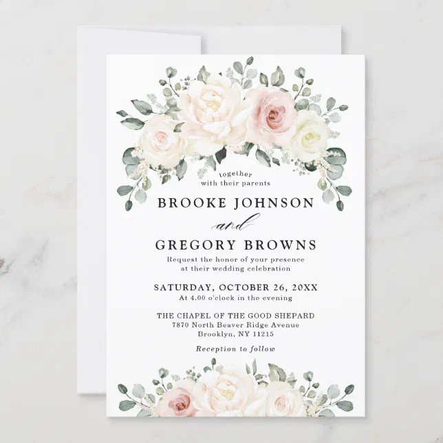 Champagne Ivory Blush Pink Floral Greenery Wedding Invitation | Zazzle