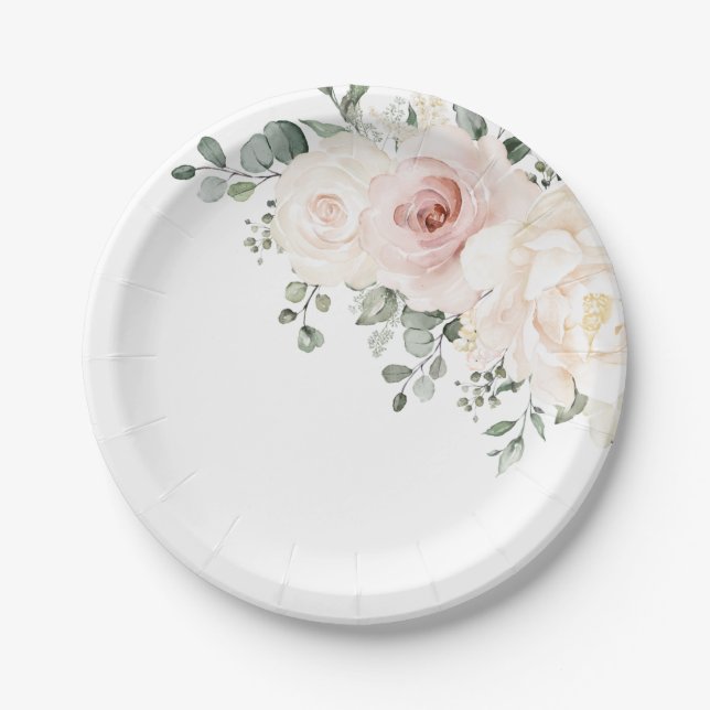 Champagne Ivory Blush Pink Floral Greenery Wedding Paper Plates (Front)