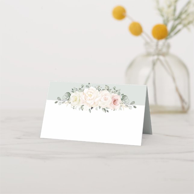 Champagne Ivory Blush Pink Floral Greenery Wedding Place Card (Front)