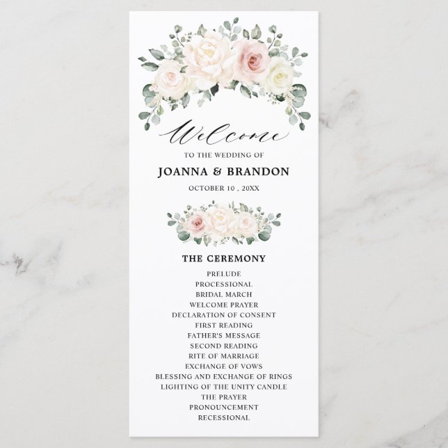 Champagne Ivory Blush Pink Floral Greenery Wedding Program (Front)