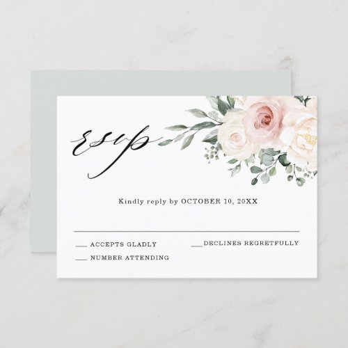 Champagne Ivory Blush Pink Floral Greenery Wedding RSVP Card