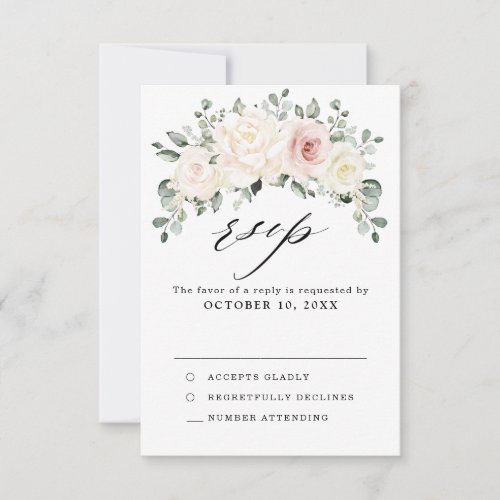 Champagne Ivory Blush Pink Floral Greenery Wedding RSVP Card