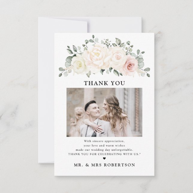 Champagne Ivory Blush Pink Floral Greenery Wedding Thank You Card (Front)