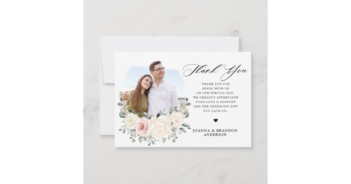 Champagne Ivory Blush Pink Floral Greenery Wedding Thank You Card | Zazzle