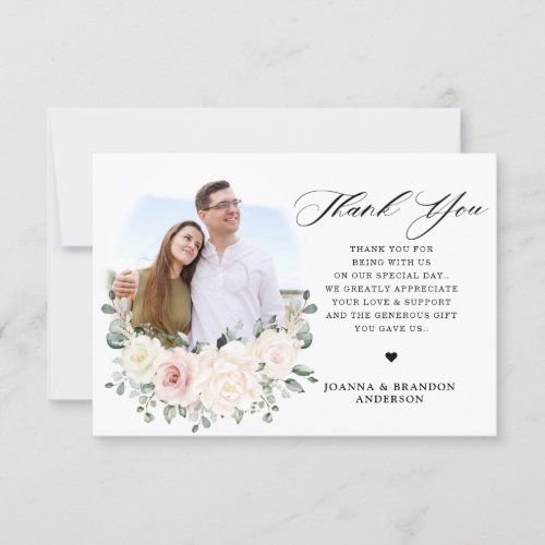 Champagne Ivory Blush Pink Floral Greenery Wedding Thank You Card