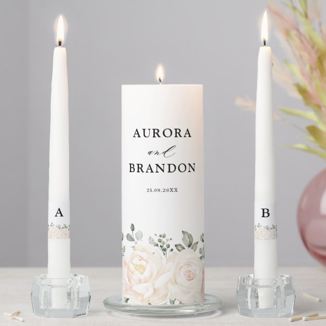 Champagne Ivory Blush Pink Floral Greenery Wedding Unity Candle Set (In Situ)