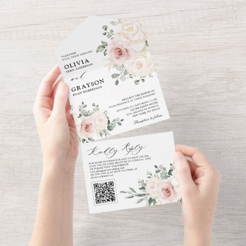 Champagne Ivory Blush Pink Floral QR code Wedding All In One Invitation