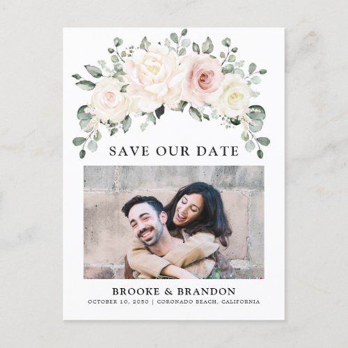 Champagne Ivory Blush Pink Floral   Save the Date Postcard