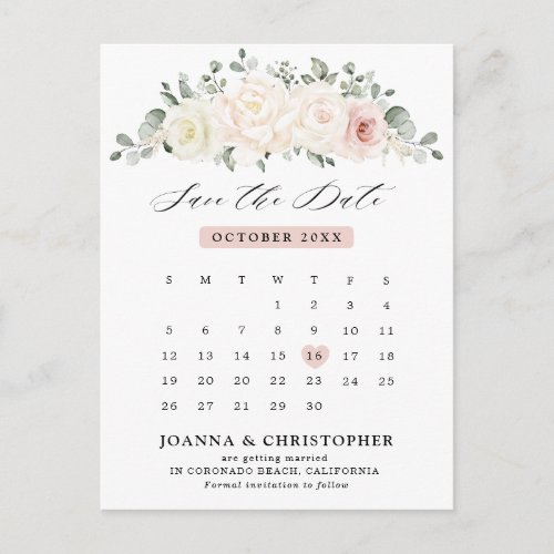Champagne Ivory Blush Pink Floral Save the Date Postcard