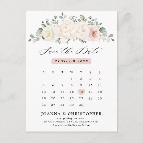 Champagne Ivory Blush Pink Floral Save the Date Postcard