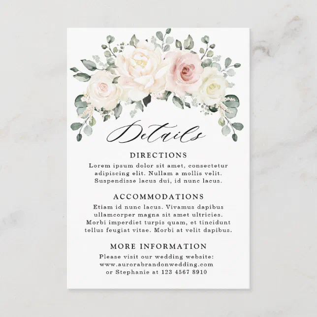 Champagne Ivory Blush Pink Floral Wedding Details Enclosure Card | Zazzle