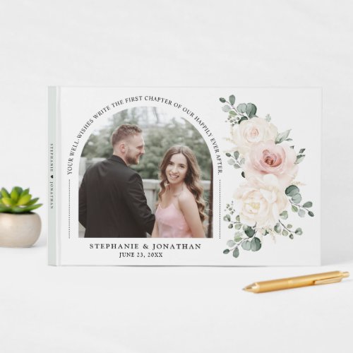 Champagne Ivory Blush Pink Floral Wedding Photo    Guest Book