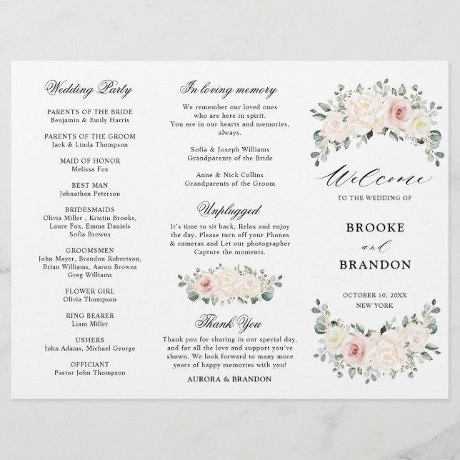 Champagne Ivory Blush Pink Floral  Wedding Program (Front)