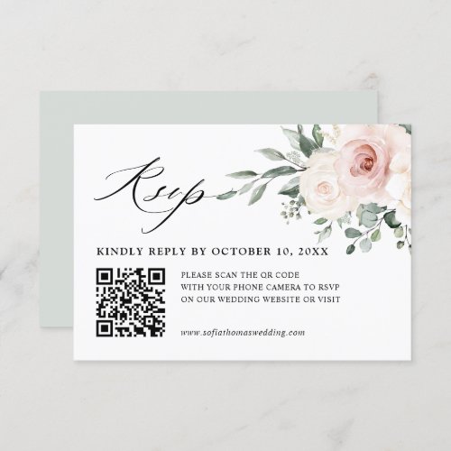 Champagne Ivory Blush Pink Floral Wedding QR code RSVP Card
