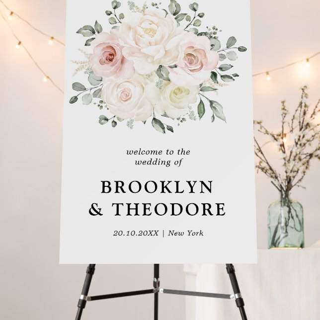 Champagne Ivory Blush Pink Floral  Wedding Welcome Foam Board (In Situ (Stand))