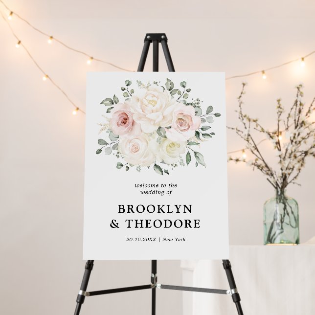 Champagne Ivory Blush Pink Floral  Wedding Welcome Foam Board (In Situ (Stand))