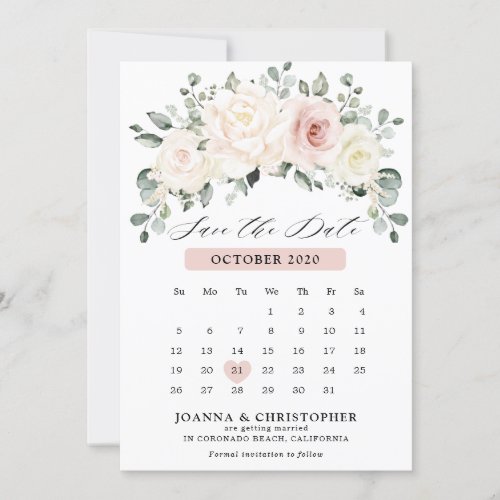 Champagne Ivory Blush Pink Pastel Floral Calendar  Save The Date