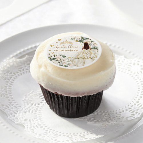 Champagne Ivory Floral Butterflies Quinceaera Edible Frosting Rounds