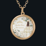 Champagne Ivory Floral Butterflies Quinceañera Gold Plated Necklace<br><div class="desc">This beautiful necklace is the perfect memento for the quince girl featuring enchanting ivory white roses, a girl dressed in a beautiful champagne ivory gown, and fluttering gold butterflies. Personalize it with your own wording easily and quickly, simply press the customise it button to further re-arrange and format the style...</div>