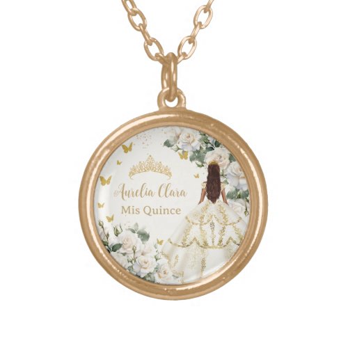 Champagne Ivory Floral Butterflies Quinceaera Gold Plated Necklace