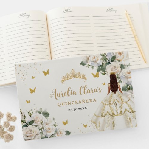 Champagne Ivory Floral Butterflies Quinceaera Guest Book