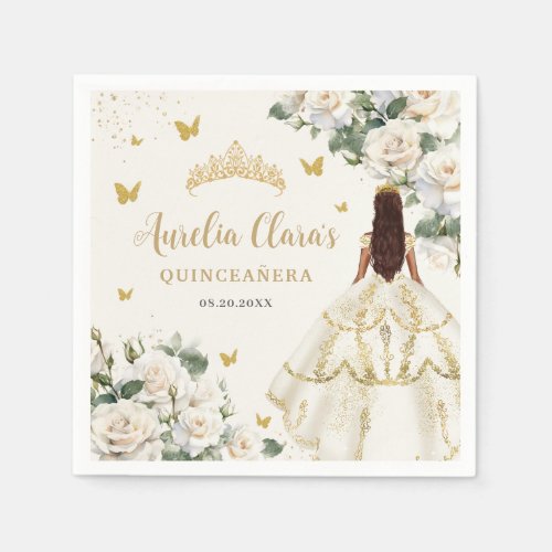 Champagne Ivory Floral Butterflies Quinceaera Napkins