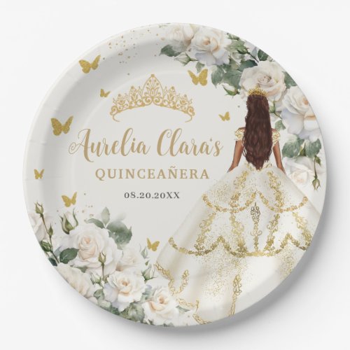 Champagne Ivory Floral Butterflies Quinceaera Paper Plates