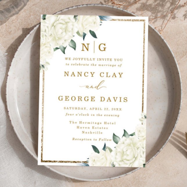  Champagne Ivory Floral Frame Monogram Wedding Invitation (Creator Uploaded)