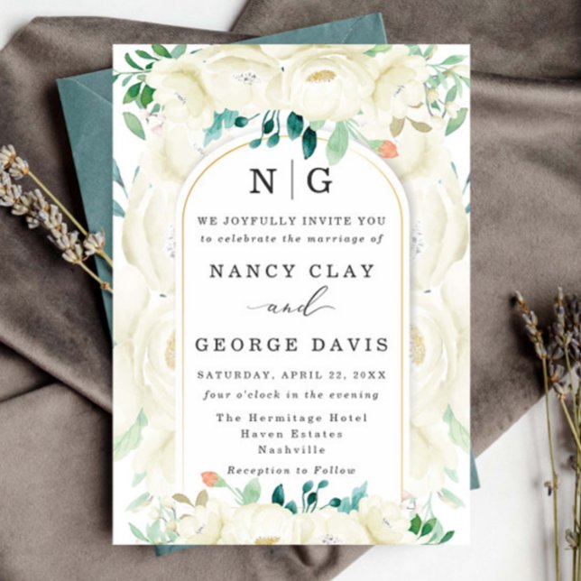 Champagne Ivory Floral Garden Monogram Wedding Invitation (Creator Uploaded)