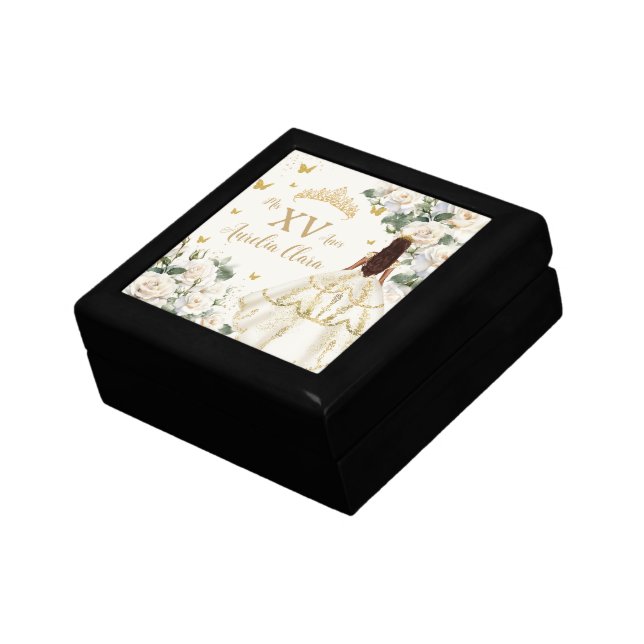 Champagne Ivory Floral Princess Dress Quinceañera  Gift Box (Side)