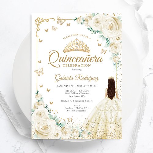Champagne Ivory Roses Gold Quinceanera Invitation