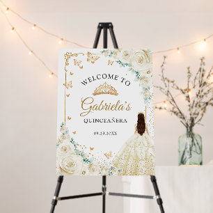 Champagne Ivory Roses Gold Quinceanera Welcome Foam Board