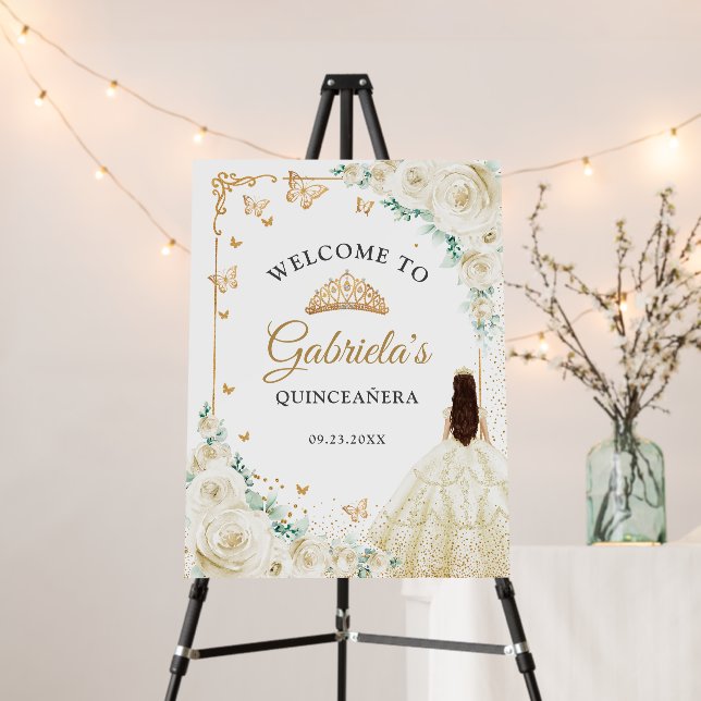 Champagne Ivory Roses Gold Quinceanera Welcome Foam Board (In Situ (Stand))