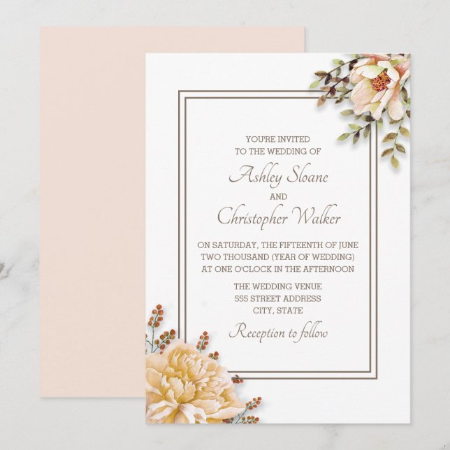 Champagne Ivory White Floral Wedding Invitation (Front/Back)