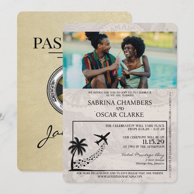 Champagne Jamaica Passport Wedding Invitation (Front/Back)