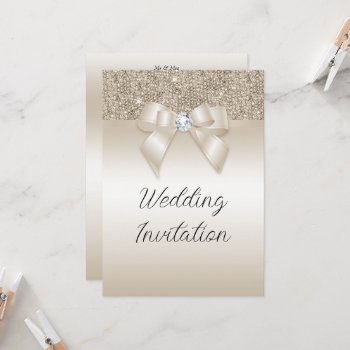 Champagne Jeweled Bow & Glitter Wedding Invitation by shm_graphics at Zazzle
