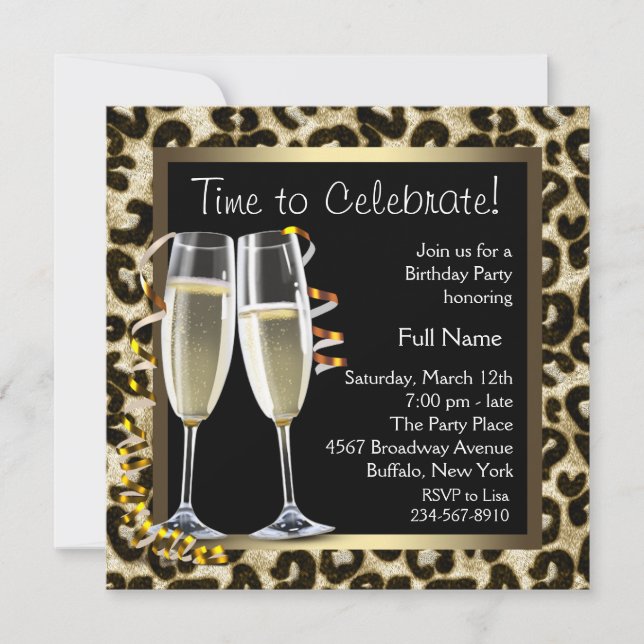 Champagne Leopard Birthday Party Invitations (Front)