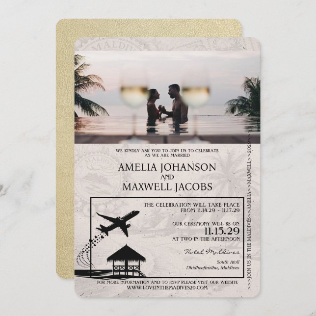 Champagne Maldives Passport Wedding Invitation (Front/Back)