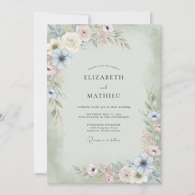 Champagne Mint Anemone Wedding Invitation (Front)