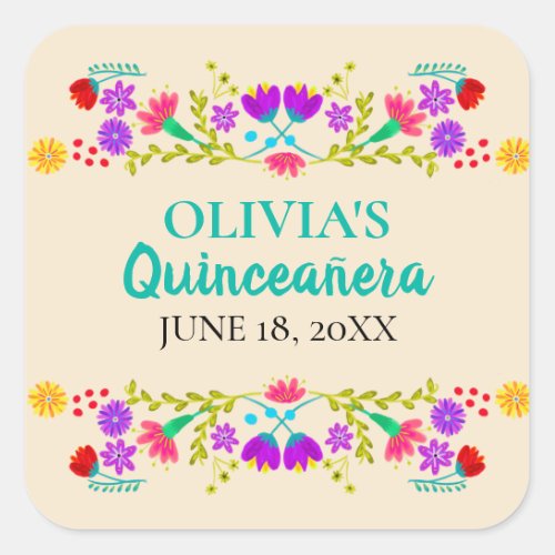 Champagne Mis Quince Anos Mexican Fiesta Flowers Square Sticker