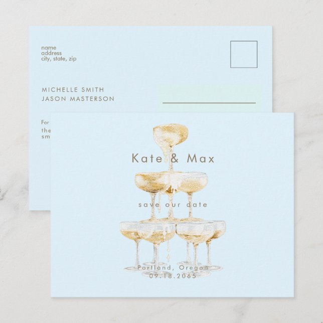 Champagne Modern Ice Blue Wedding Save the Date Postcard (Front/Back)