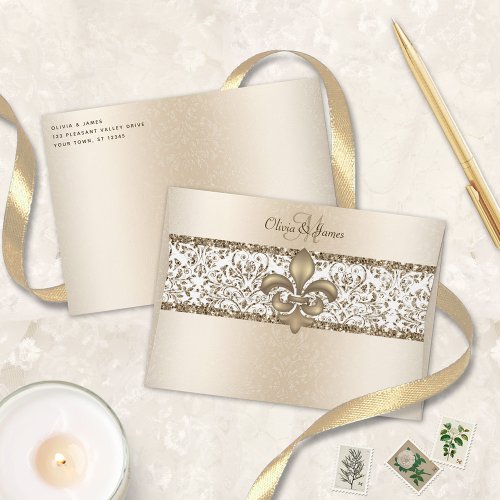 Champagne Monogram Damask Fleur de Lis Wedding Envelope