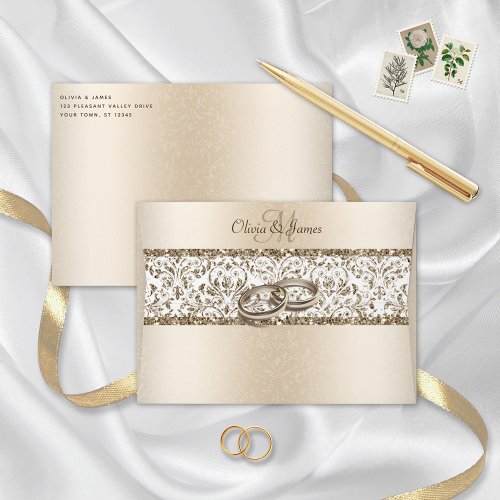 Champagne Monogram Damask Glitter Wedding Envelope